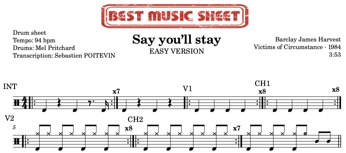 Extrait partition de batterie facile Say you’ll stay de Barclay James Harvest