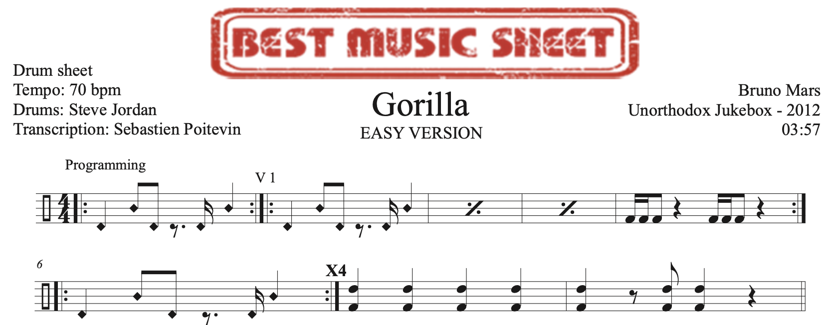 Sample drum sheet easy of Gorilla by Bruno Mars