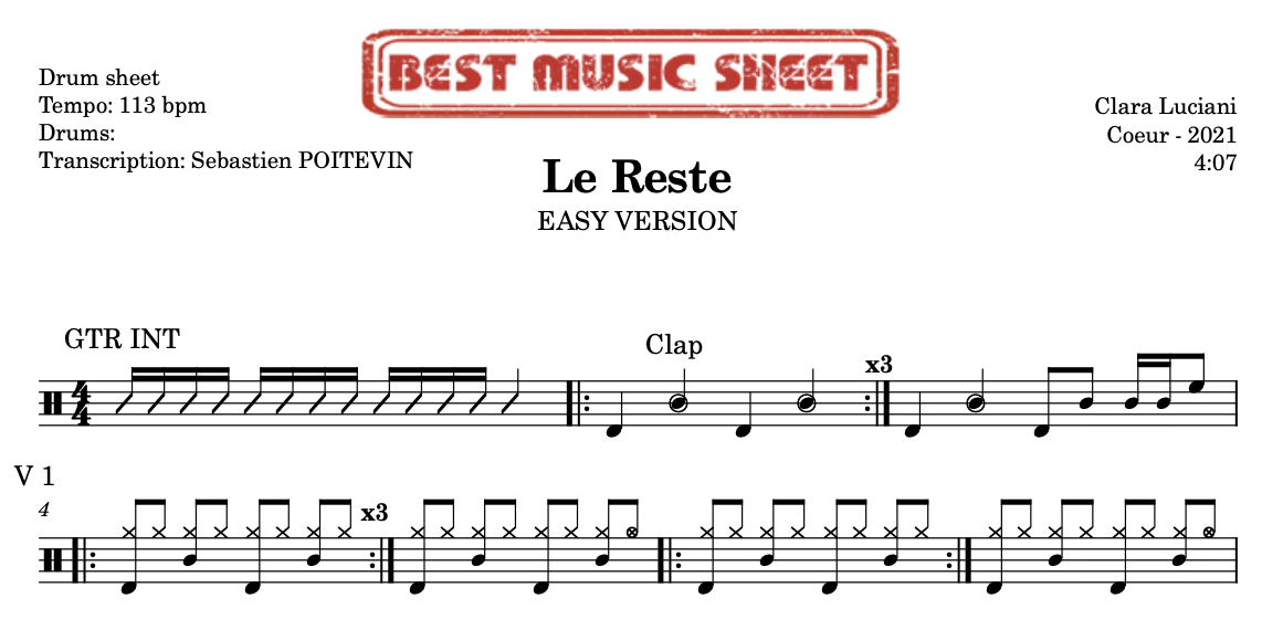 Sample drum sheet easy of Le Reste by Clara Luciani