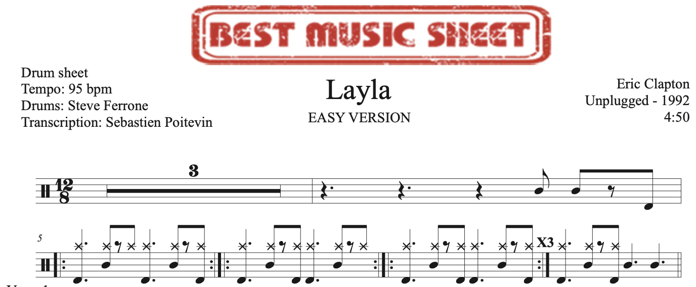 Sample drum sheet easy of Layla by Eric Clapton