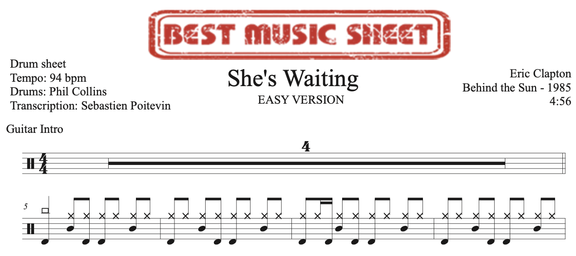Sample drum sheet easy of She's Waiting by Eric Clapton