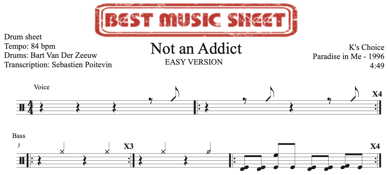 Sample drum sheet easy of Not An Addict by K's Choice