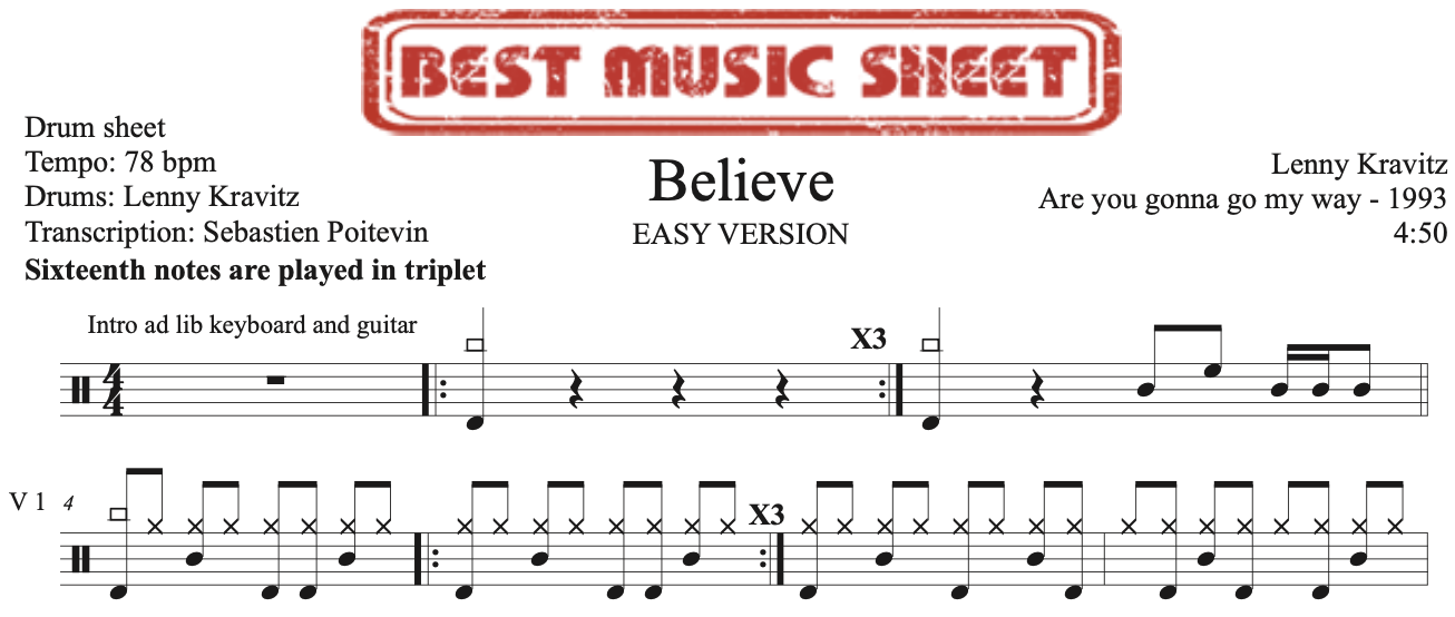 Sample drum sheet easy of Believe by Lenny Kravitz