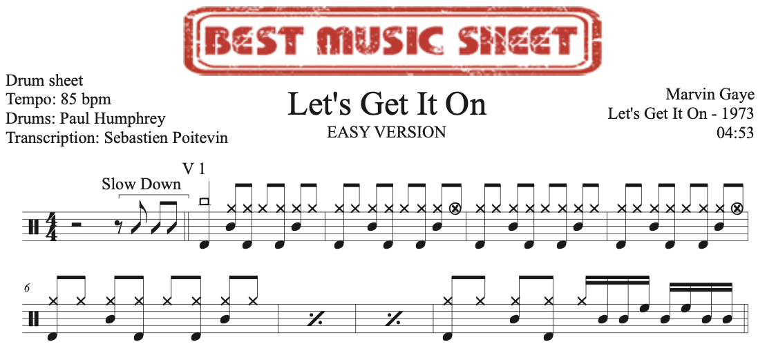 Sample drum sheet easy of Let's Get It On by Marvin Gaye