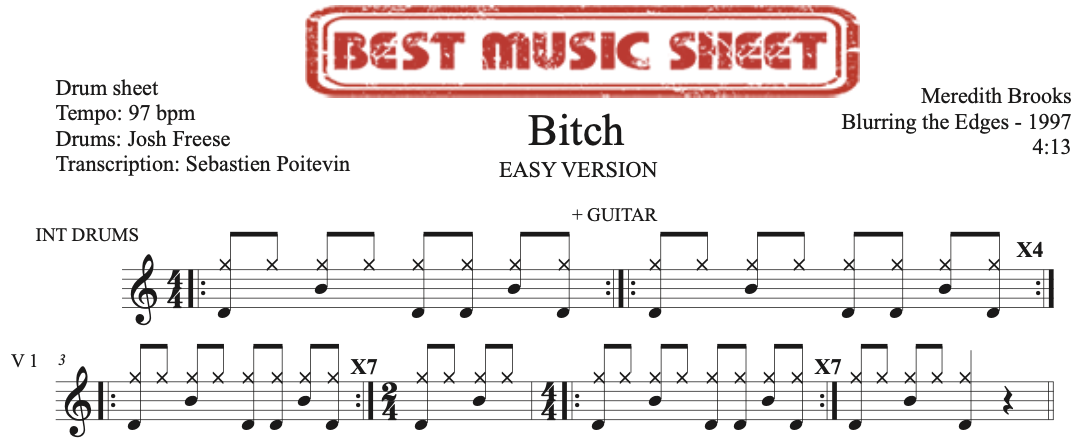 Sample drum sheet easy of Bitch by Meredith Brooks