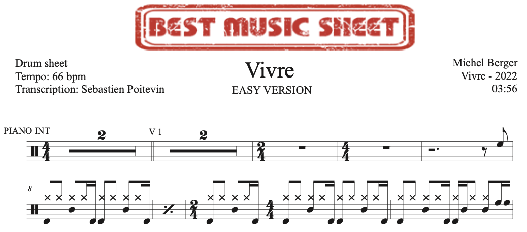 Sample drum sheet easy of Vivre by Michel Berger