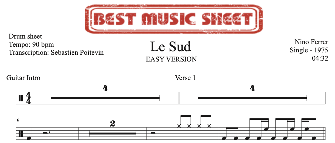 Sample drum sheet easy of Le Sud by Nino Ferrer