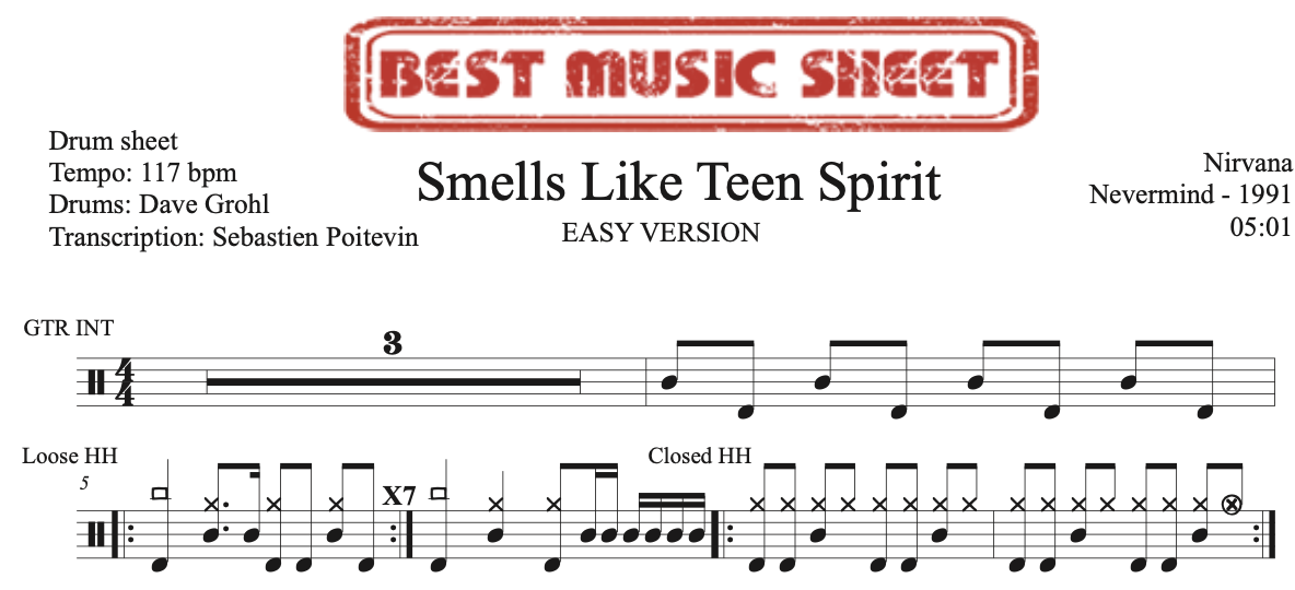 Sample drum sheet easy of Smells Like Teen Spirit by Nirvana