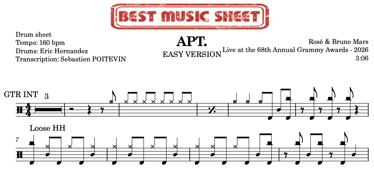 Sample drum sheet easy of APT. Live by Rosé & Bruno Mars