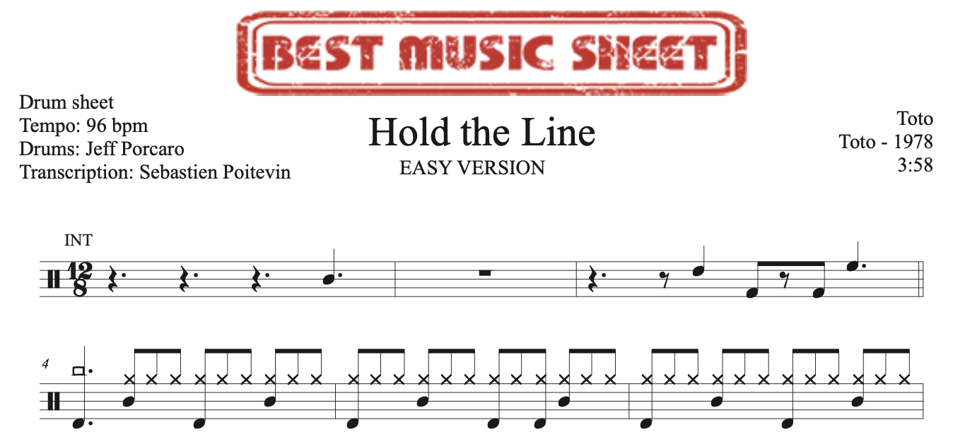 Sample drum sheet easy of Hold the Line by Toto