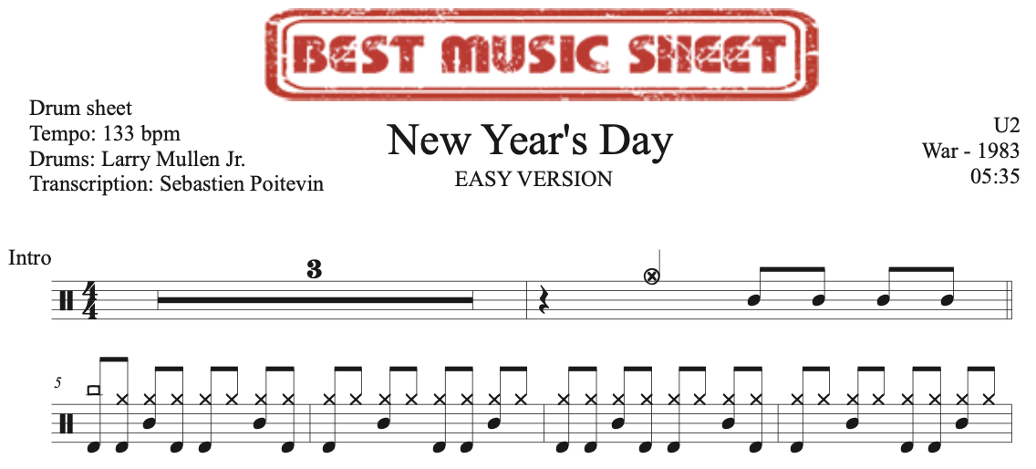 Sample drum sheet easy of New Year's Day by U2