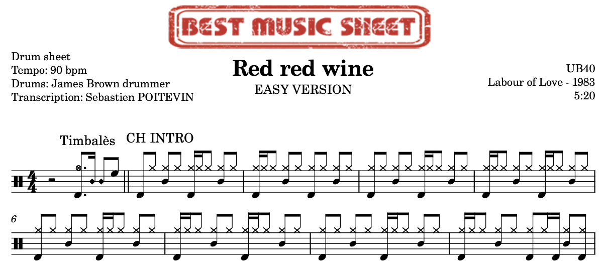 Sample drum sheet easy of Red red wine by UB40
