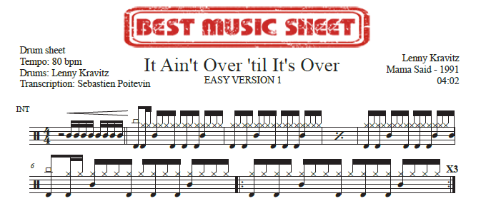 Sample drum sheet easy version 1 of It AIn't Over 'til It's Over by Lenny Kravitz