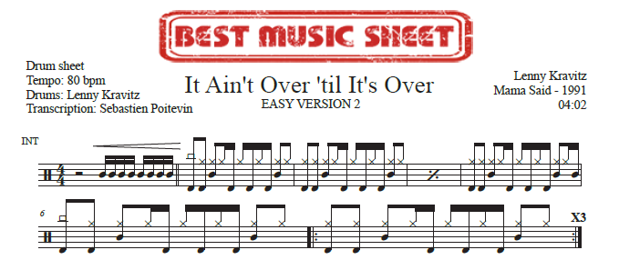 Sample drum sheet easy version 2 of It AIn't Over 'til It's Over by Lenny Kravitz