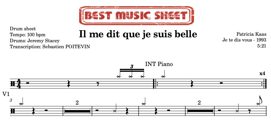Sample drum sheet of Il me dit que je suis belle by Patricia Kaas
