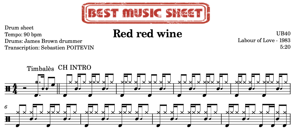 Sample drum sheet of Red red wine by UB40