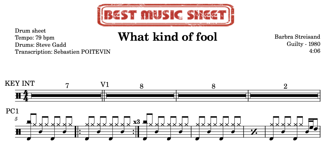 Sample drum sheet of What kind of fool by Barbra Streisand
