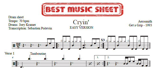 Sample drum sheet easy of Cryin' by Aerosmith