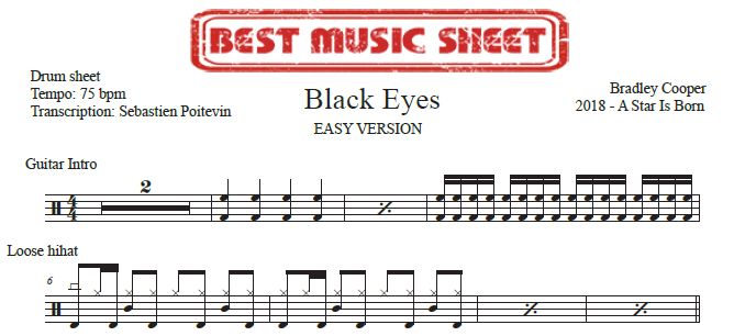 Sample drum sheet easy of Black Eyes by Bradley Cooper