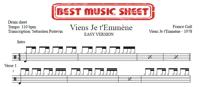 Sample drum sheet easy of Viens Je t'Emmene by France Gall