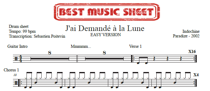 Sample drum sheet easy of J'Ai Demande a la Lune by Indochine