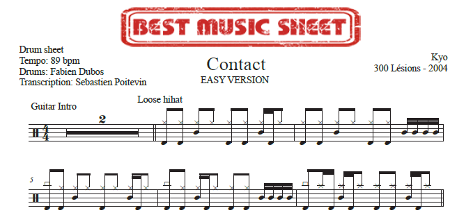 Sample drum sheet easy of Contact by Kyo