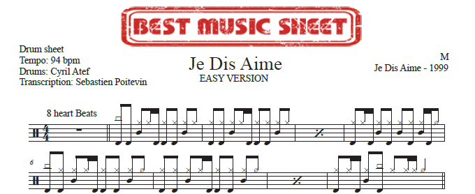 Sample drum sheet easy of Je Dis Aime by M