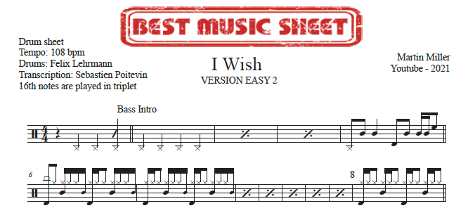Sample drum sheet easy of I Wish by Martin Miller