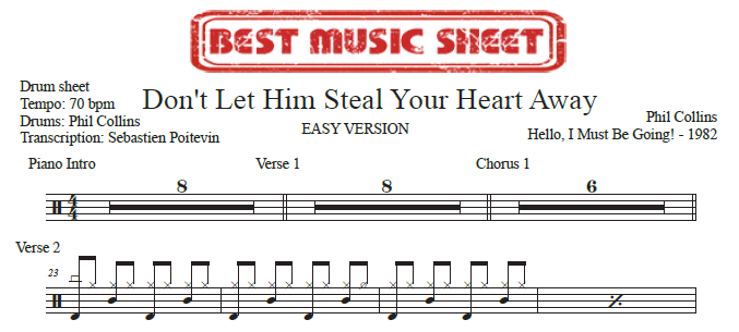 Sample drum sheet easy of Don't Let Him Steal Your Heart Away by Phil Collins