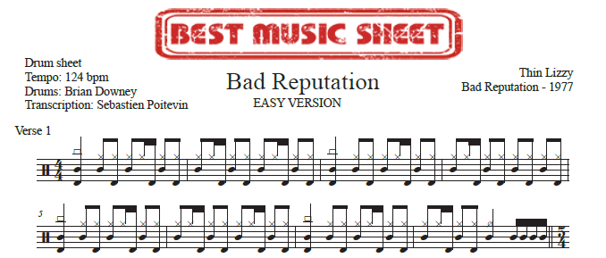 Sample drum sheet easy of Bad Reputation by Thin Lizzy