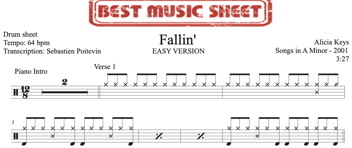 Sample drum sheet easy of Fallin' by Alicia Keys