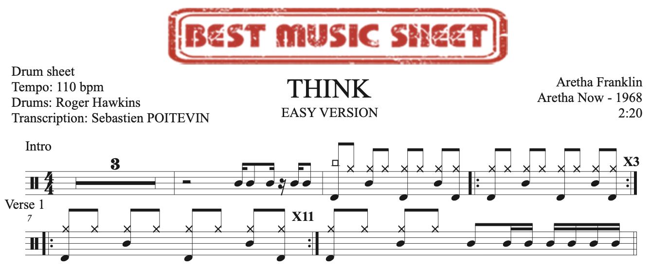 Sample drum sheet of Think by Aretha Franklin