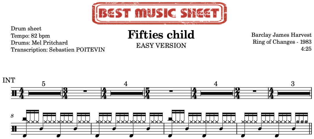 Sample drum sheet easy of Fifties child by Barclay James Harvest