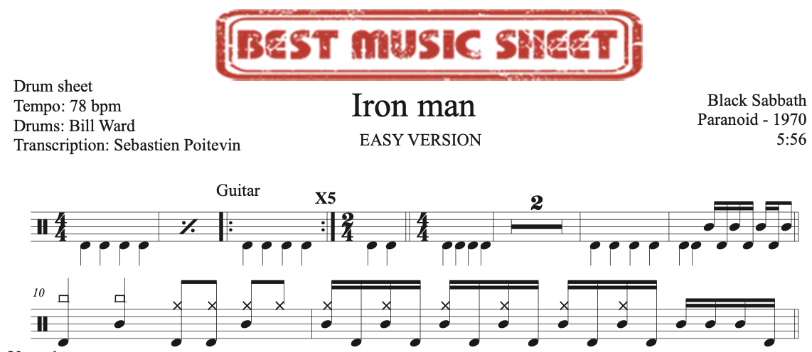 Sample drum sheet easy of Iron Man by Black Sabbath