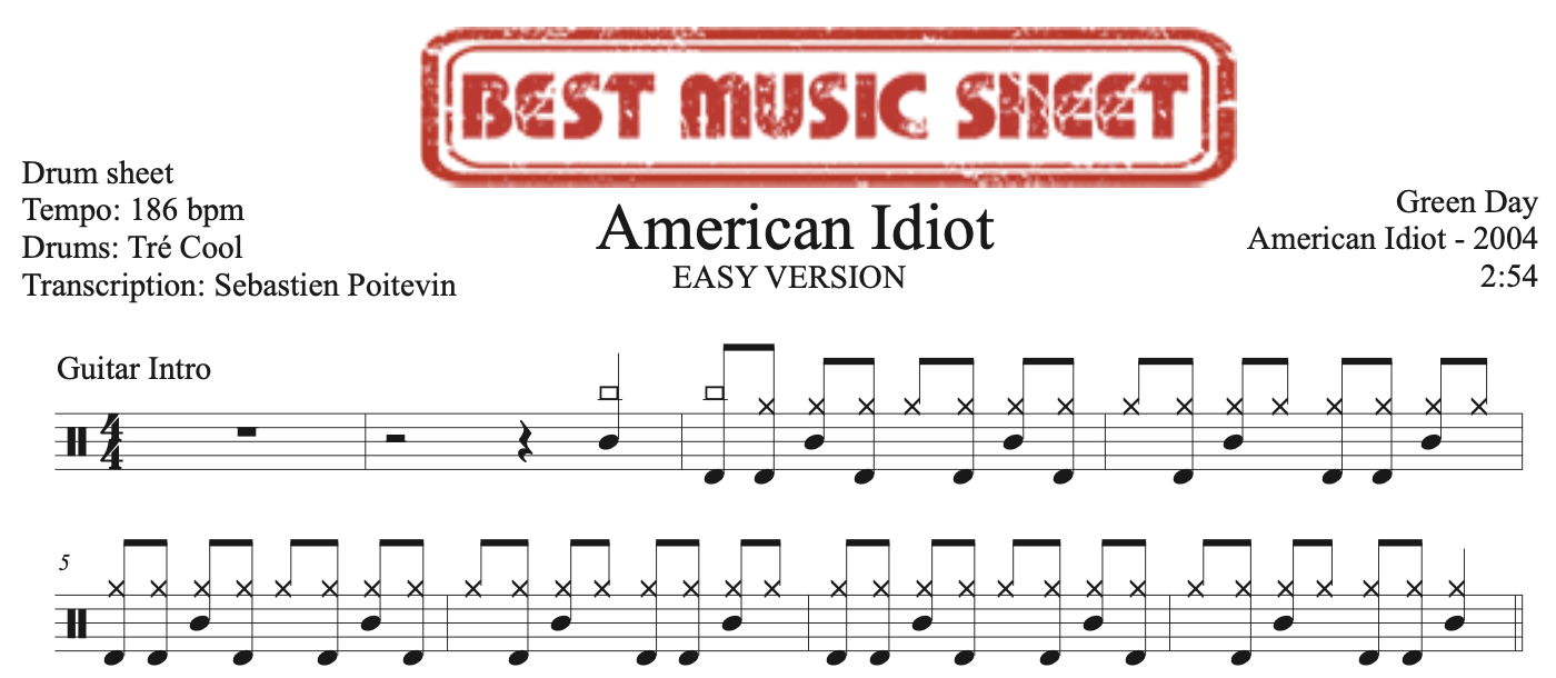 Sample drum sheet easy of American Idiot by Green Day