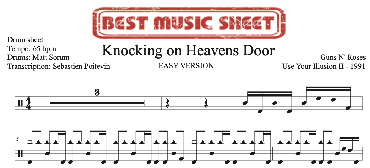 Extrait partition de batterie facile Knocking On Heavens Door de Guns n' Roses
