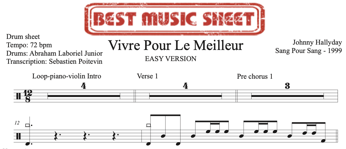 Sample drum sheet easy of Vivre Pour Le Meilleur by Johnny Hallyday