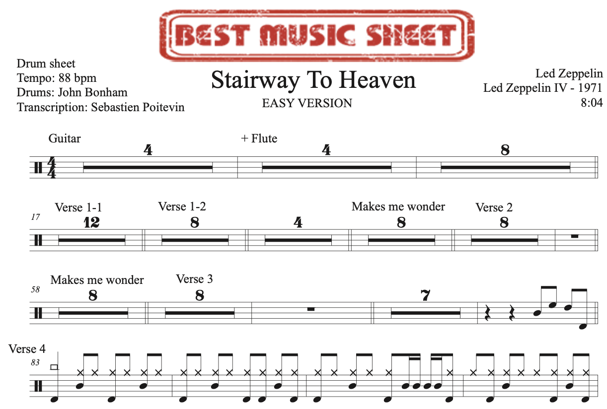 Sample drum sheet easy of Stairway To Heaven by Led Zeppelin