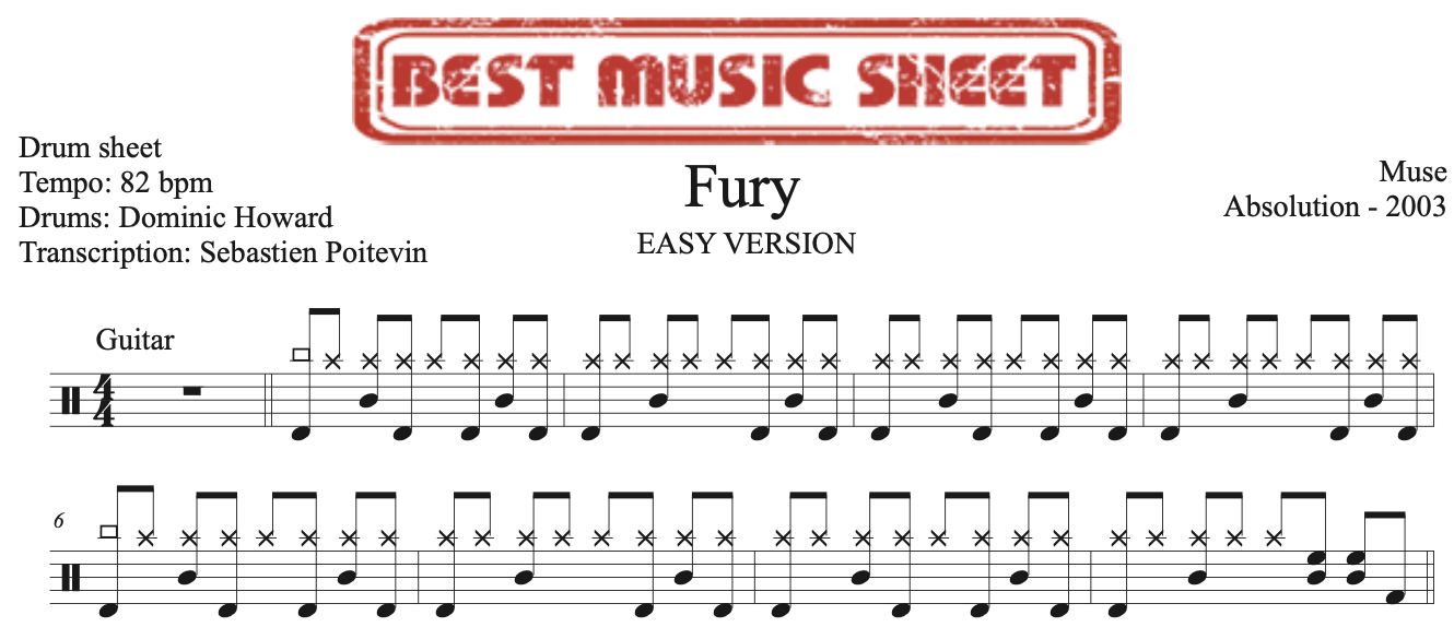 Sample drum sheet easy of Fury by Muse
