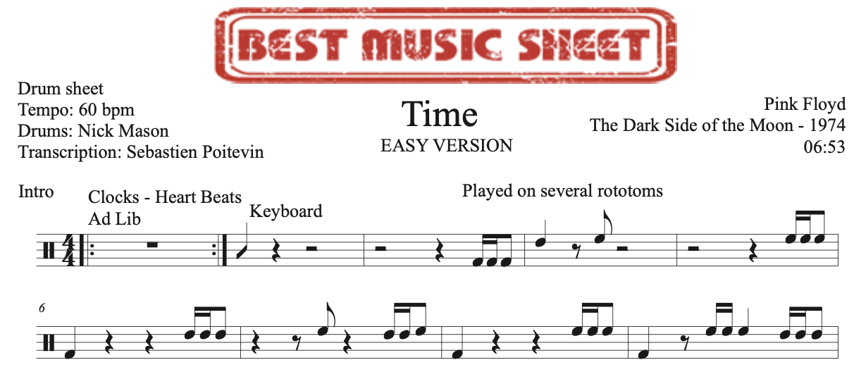 Sample drum sheet of Time by Pink Floyd