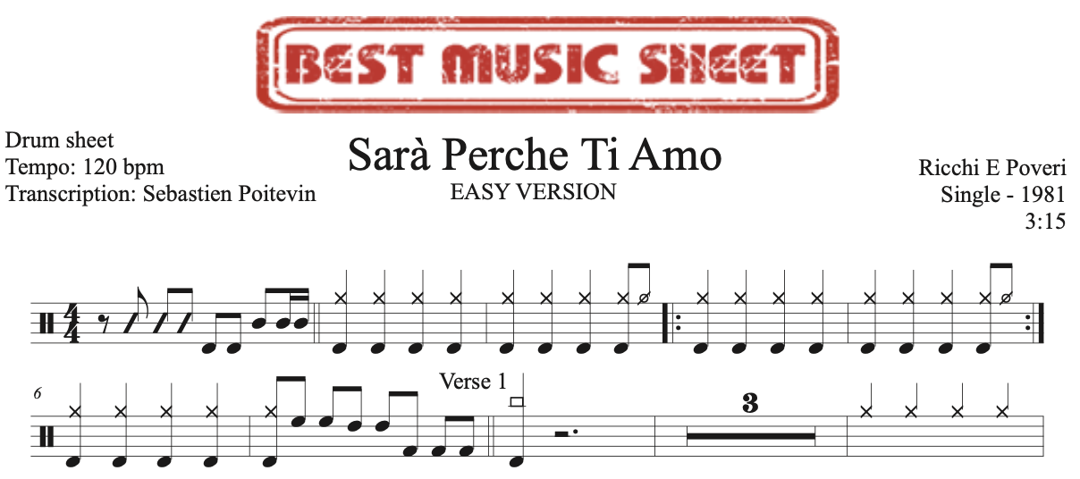 Sample drum sheet easy of Sarà Perche Ti Amo by Ricchi E Poveri