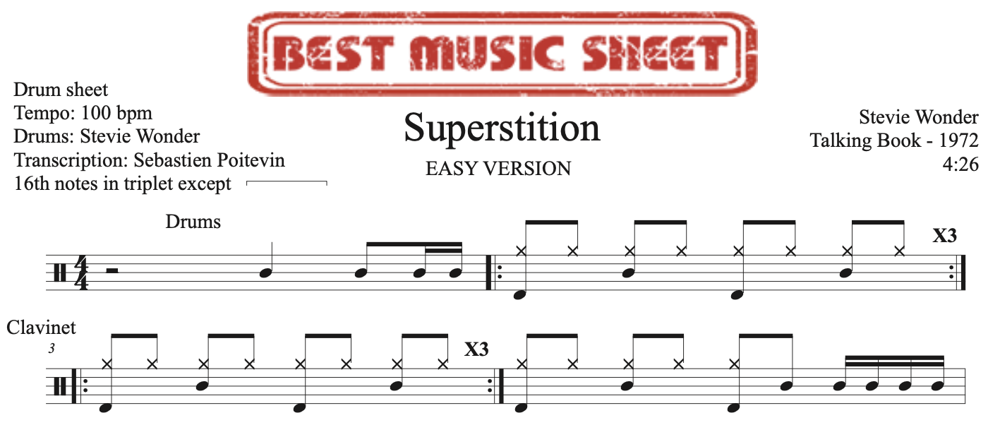 Sample drum sheet easy of Superstition by Stevie Wonder