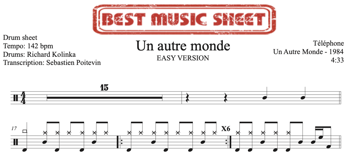 Sample drum sheet easy of Un Autre Monde by Telephone