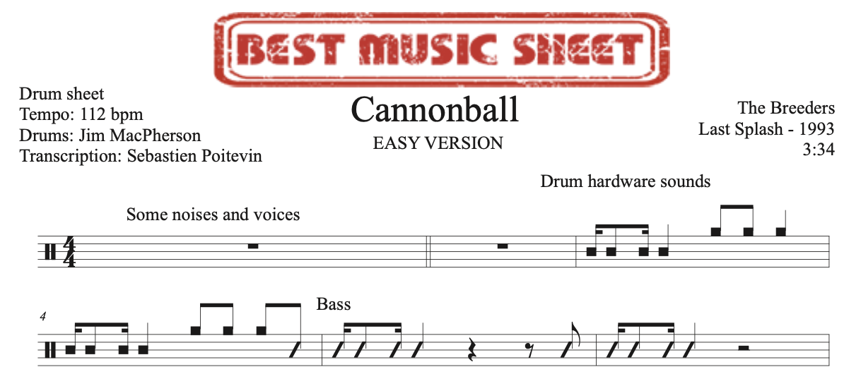 Sample drum sheet easy of Cannonball by The Breeders