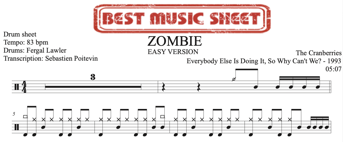 Sample drum sheet easy of Zombie by The Cranberries