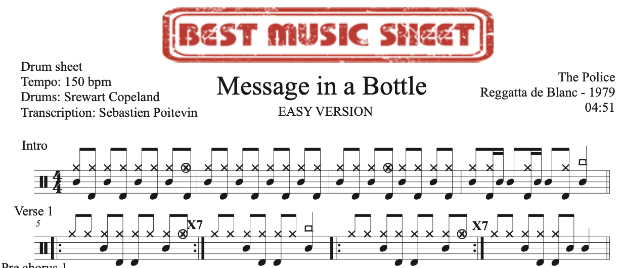 Sample drum sheet easy of Message in a Bottle by The Police