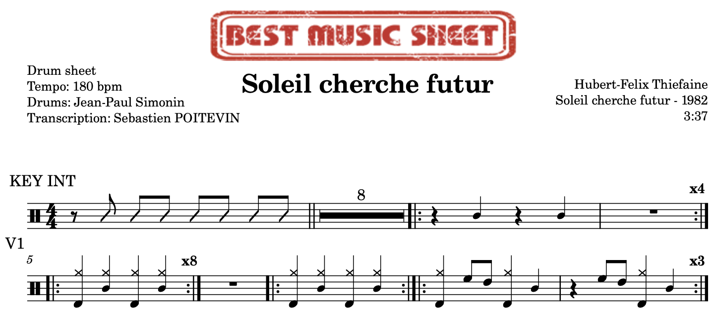 Sample drum sheet of Soleil cherche futur by Hubert-Felix Thiefaine