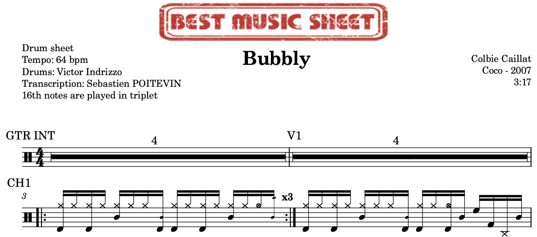 Sample drum sheet of Bubbly by Colbie Caillat