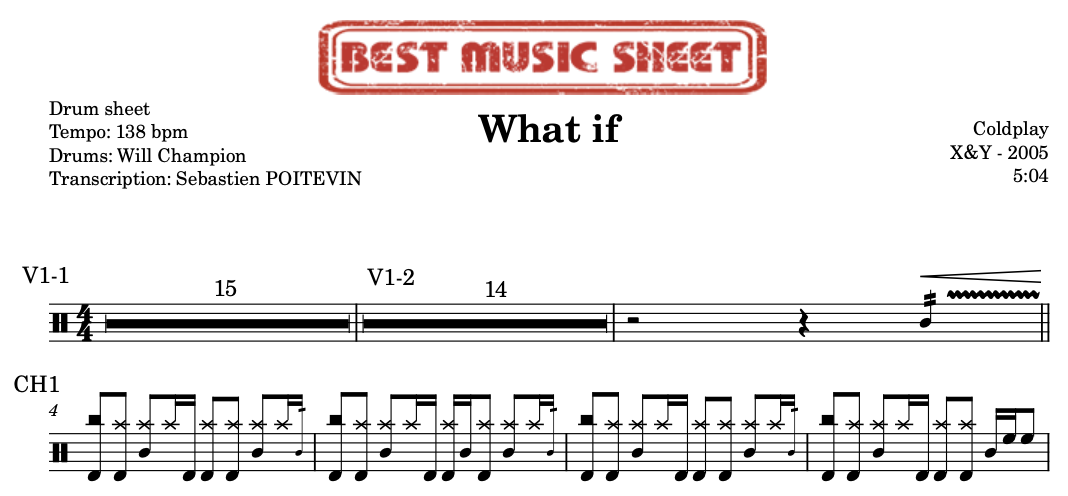 Sample drum sheet of What if by Coldplay