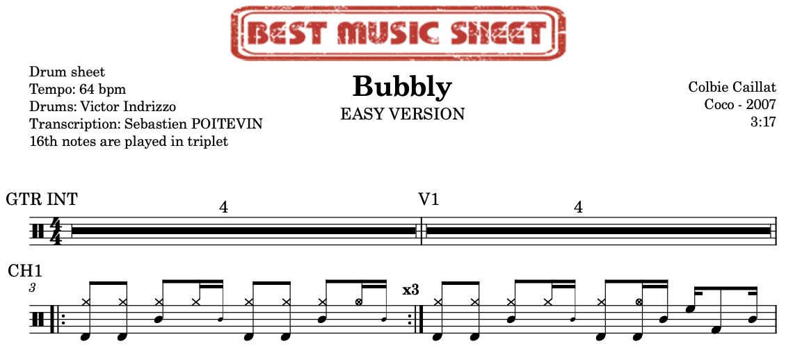 Sample drum sheet easy of Bubbly by Colbie Caillat